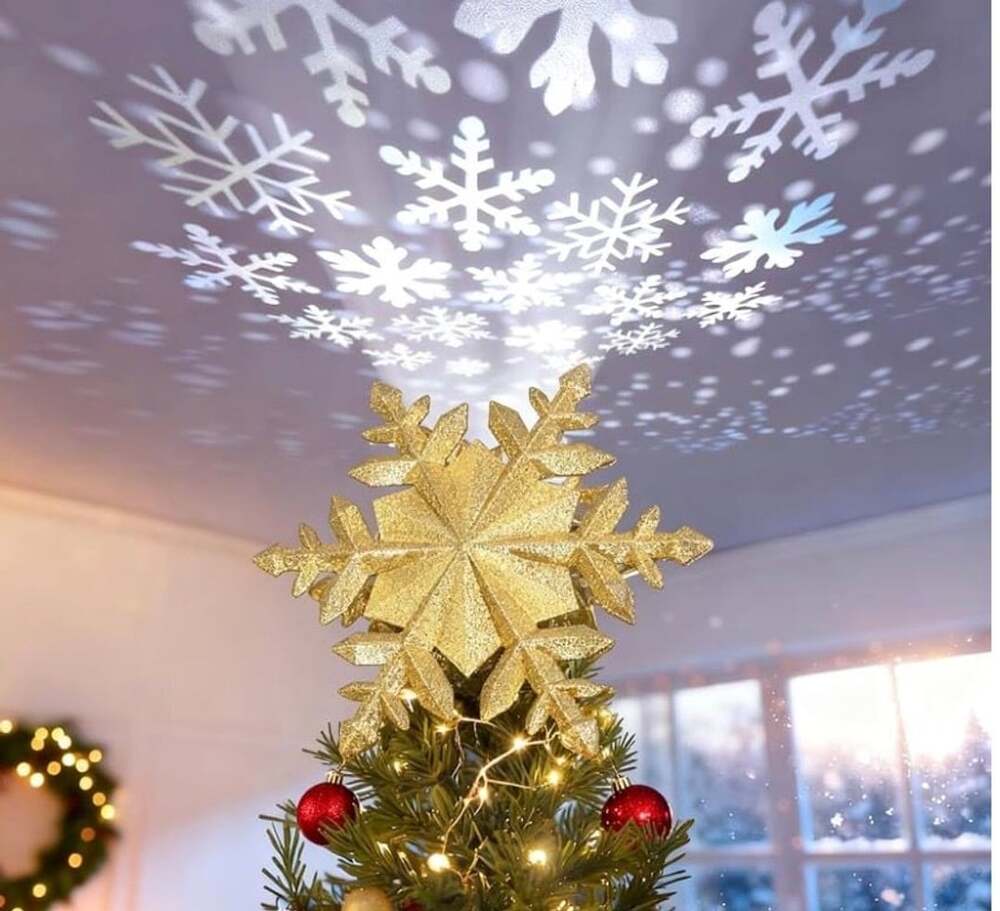 LED Gold Snowflake Christmas Tree Topper Projector Light